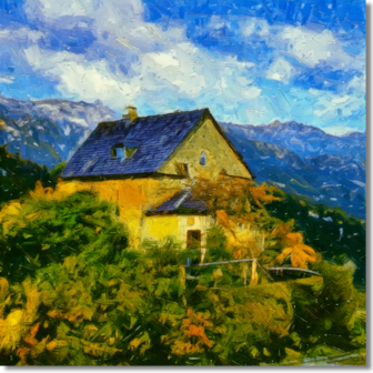 Schilderij van een Frans Landhuis